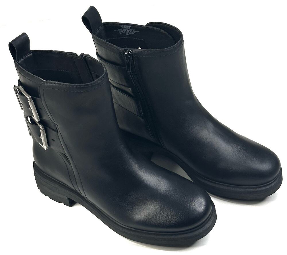 Lucky Brand Candre Black Faux Leather Lug Sole Biker Boots Womens 8M New $169